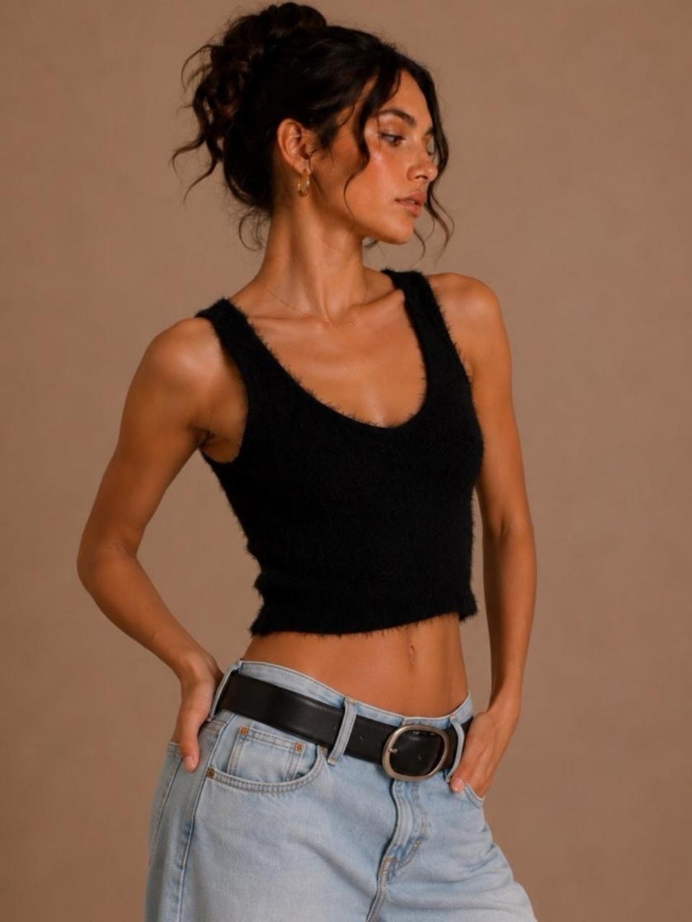 Tiger mist Black Fuzzy knit Cropped Tank Top